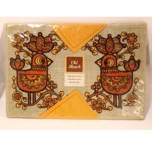 Vintage Old Bleach Irish Linen Orange Woven Placemats/Napkins Birds Ireland NOS